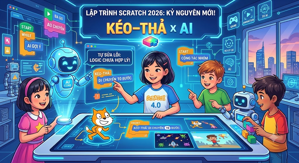 Lập trình Scratch cho trẻ tiểu học năm 2026: Khoa học nói gì, học đến đâu và thực hư "Scratch 4.0"